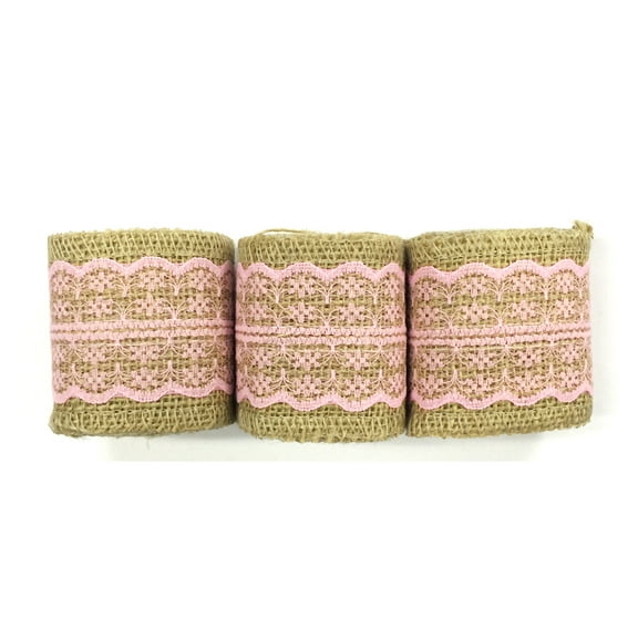 Wrapables® Hessian Burlap with Lace Ribbon 2.5 Inch Width x 2 Yards Length (Set of 3), Pink