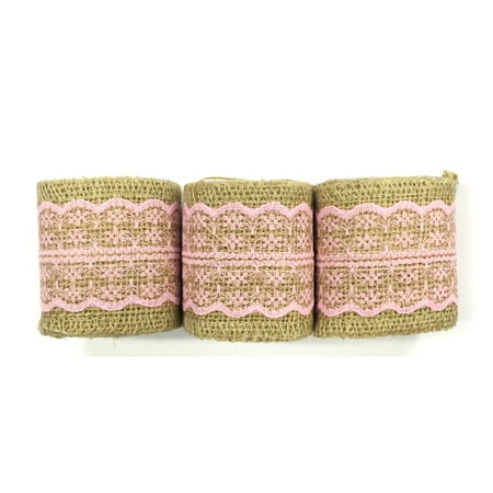 Stone Set Ribbon - Wrapables® Hessian Burlap with Lace Ribbon 2.5 Inch Width x 2 Yards Length (Set of 3), Pink
