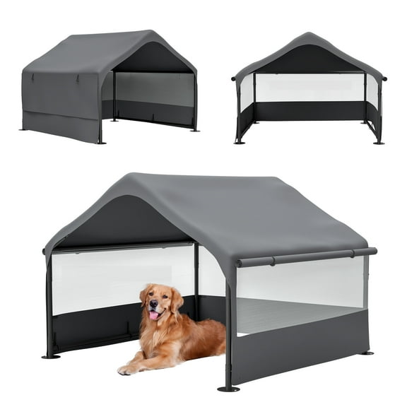Dog Bed Extra Large Outdoor Dog House Tent with 3-Sided Mesh Windows, Breathable Sun Rain Cover Pet Shelter with Canopy and Ground Stakes for Dogs, Cats, Livestock – 4' x 4' x 3.3', Gray,Orthopedic D