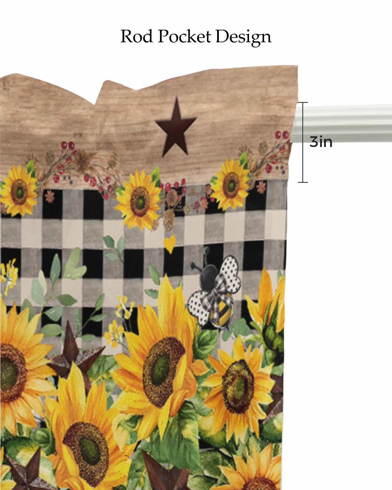 Spring Sunflower Kitchen Valances for Windows Farmhouse Linen Window Valance Curtain for Living Room Window Treatment Checkered Star Farmhouse Retro Valance Rod Pocket Topper Drape, 60 x 18 Inch