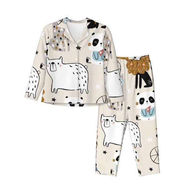 Fotbe Hand Drawn Animals Conjunto de Pijama de Manga Larga para Mujer con Estampado, Ropa de Dormir de 2 Piezas, Conjunto de Casa Suave y Cómodo con Bolsillos-X-Large