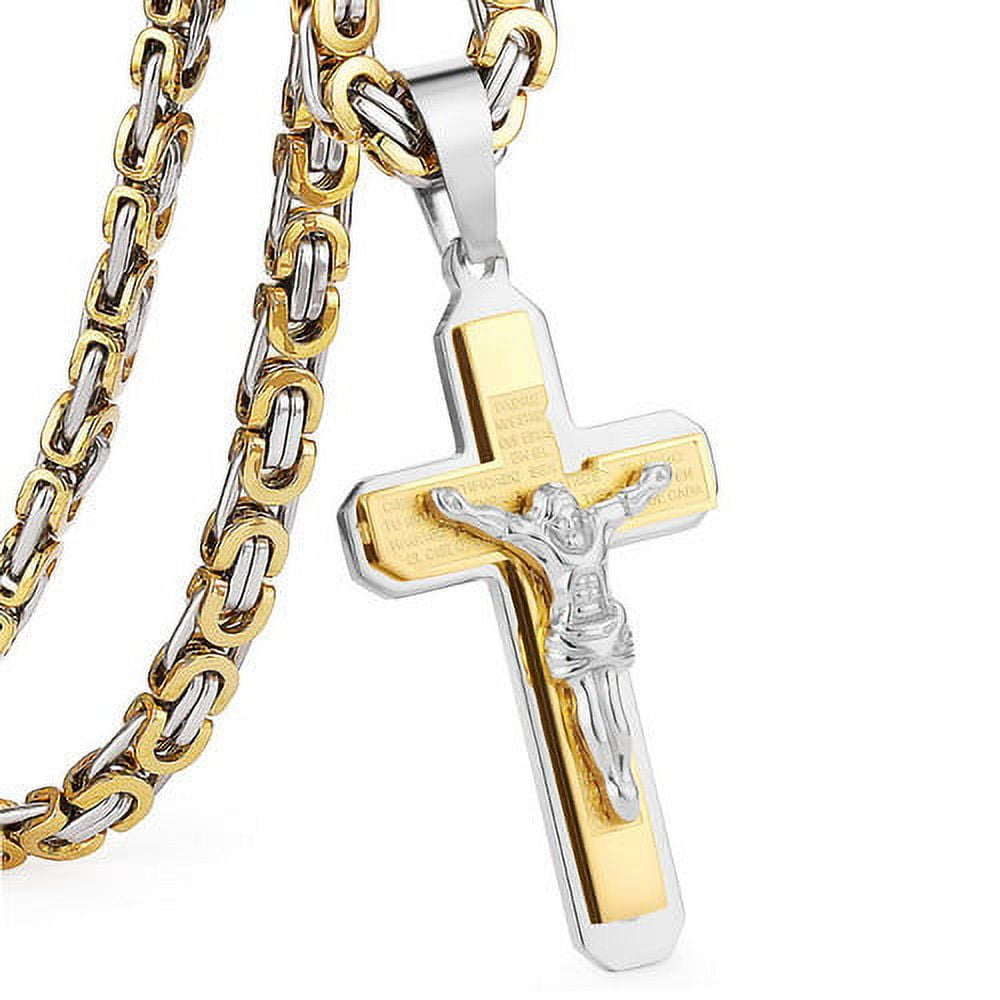 Lordluxury Crucifix Jesus Cross Necklace 14K Yellow Gold Christs Pendant Byzantine Chain Men Necklaces Jewelry Gifts