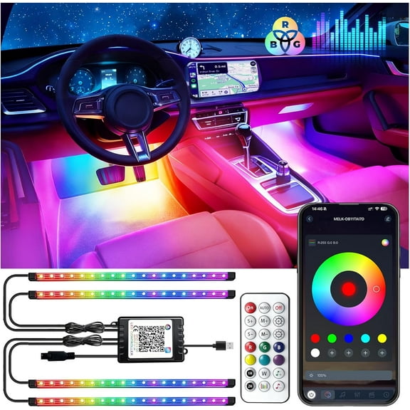 Car LED USB Interior Strip Lights with RF Remote Control, Dream RGB Color Car Ambient Lighting APP Control, Multicolor Footwell Under Dash Chasing Inside Light Kits for Cars Truck ATV, DC12V