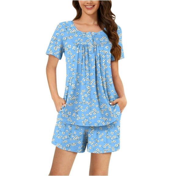 Tnhcen Women's Pajama Sets Henley Neck Short Sleeve Shorts With Pockets Summer Ladies Pjs 2 Piece Loungewear S-3XL