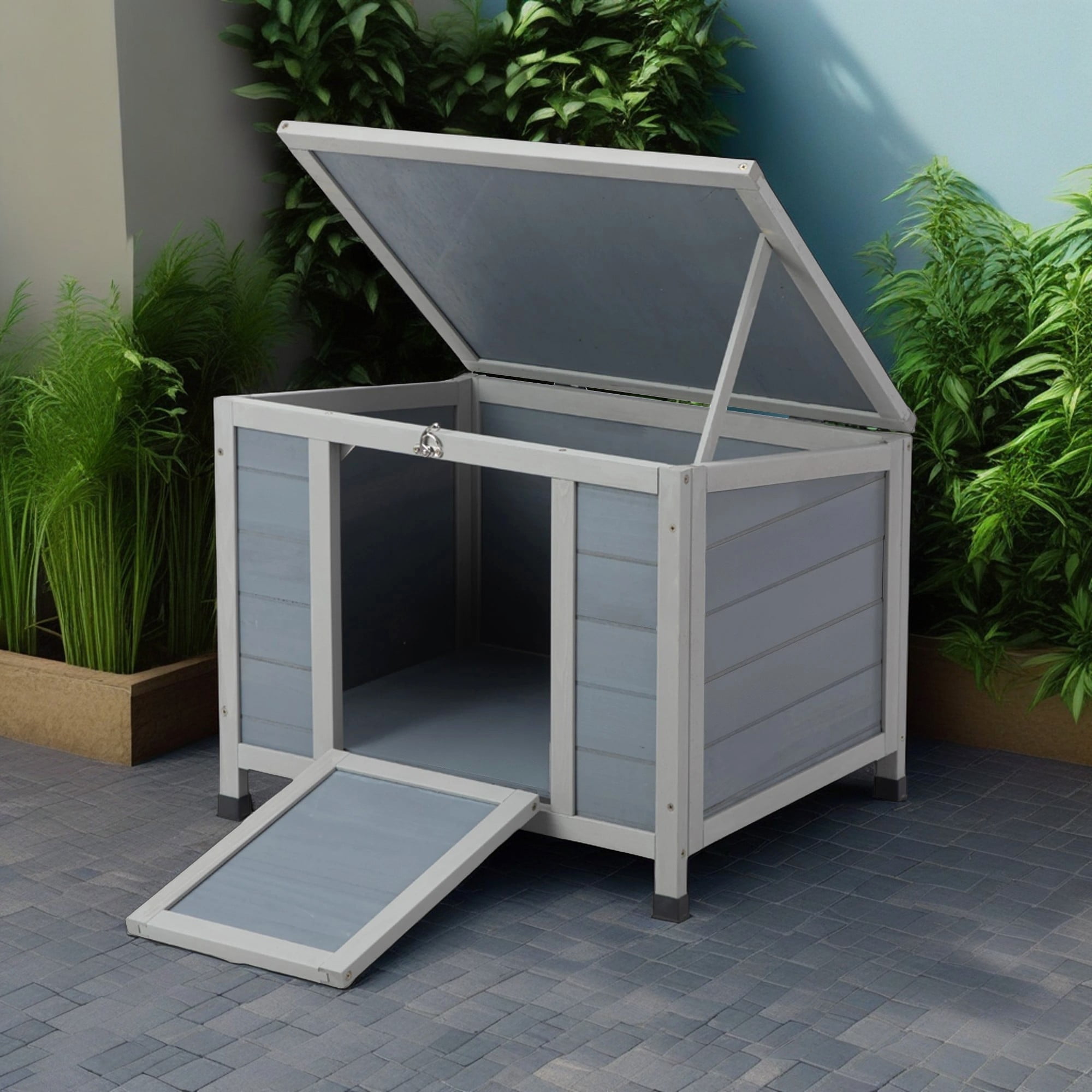 Pefilos 23" Outdoor Rabbit Hutch with Weatherproof Openable Top, Door Ramp, Wood Guinea Pig Habitat Cage Cat House Shelter, Gray