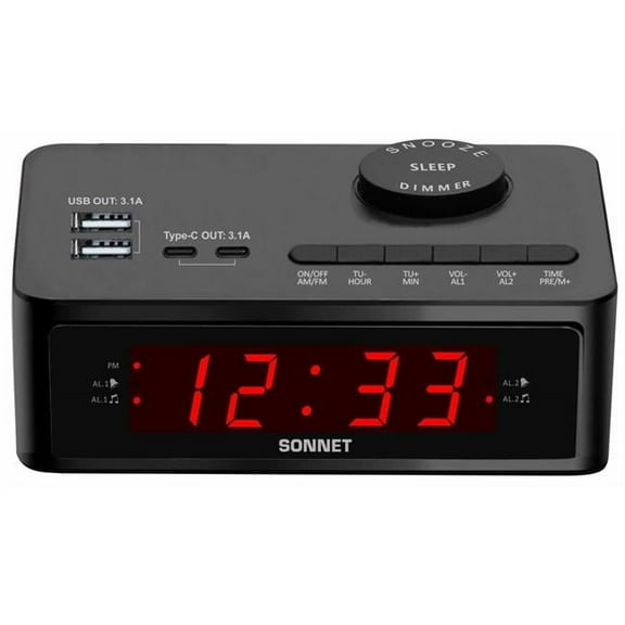 Sonnet R-1646 Led Clock Radio With  2 Usb-A And 2 Usb-C Ports