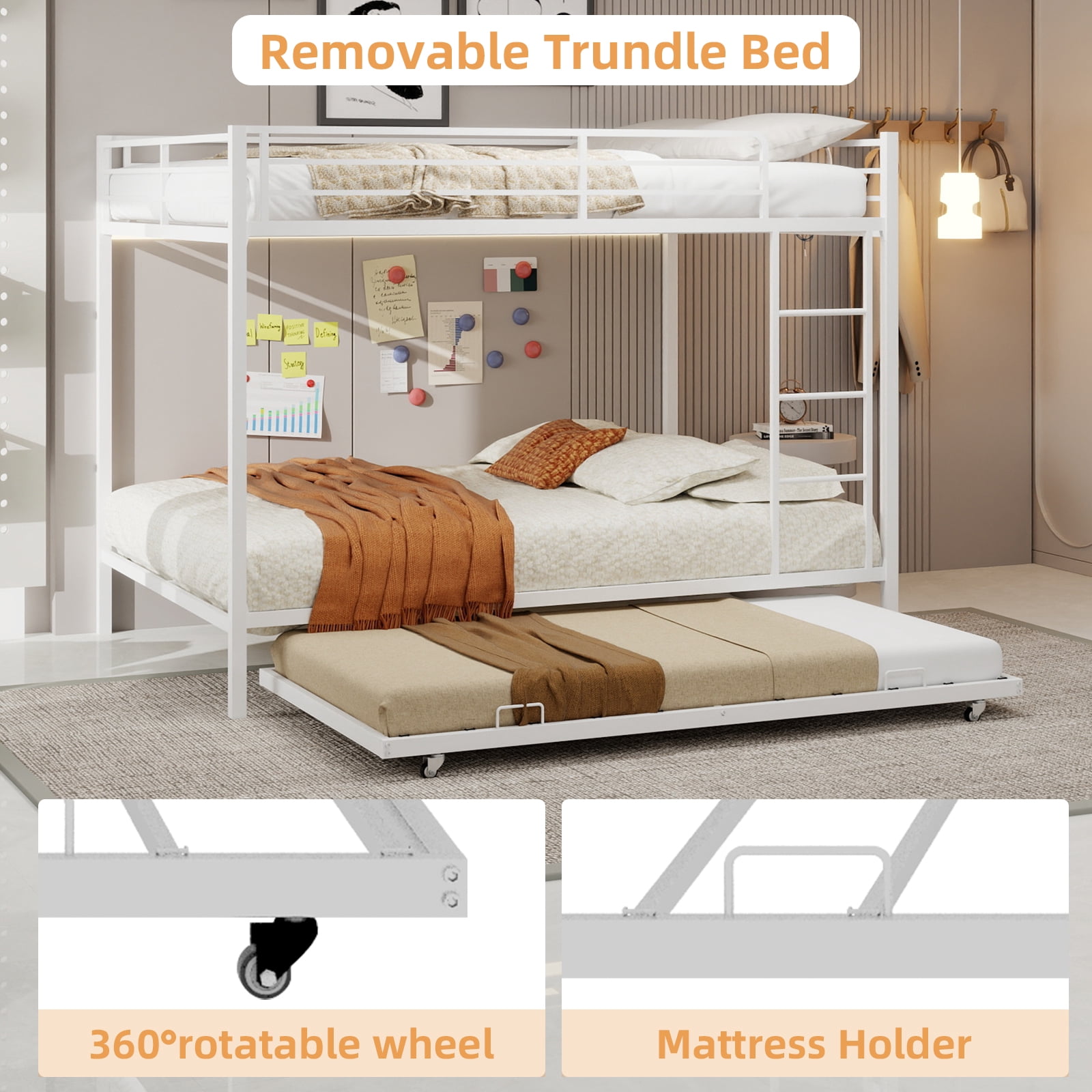 Miniyam Metal Queen over Queen Bunk Bed with Trundle, Space Saving Bunk Bed Frame with Ladder and Guardrails for Dorm, Apartment, White