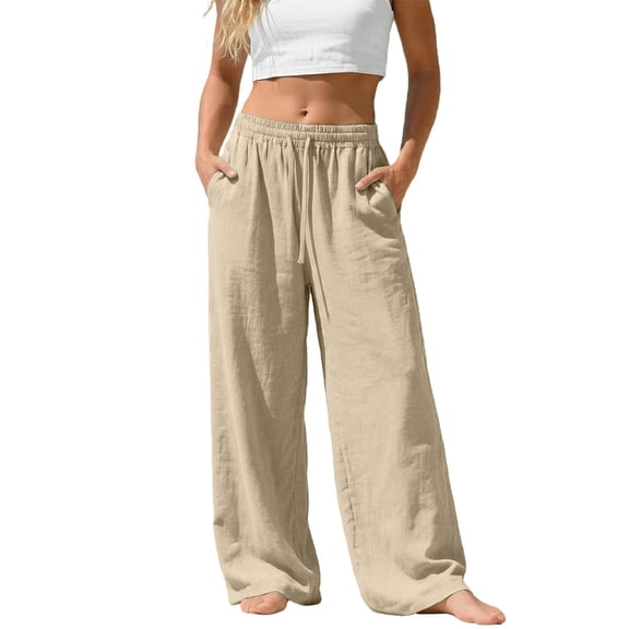 Linen Pants for Women Drawstring Waist Flowy Lounge Pant Wide Leg Dressy Palazzo Trousers with Pockets Khaki 2XL