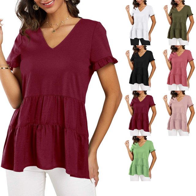 Blusa tipo túnica Nikou con escote en V y Peplum para mujer, Manga corta con volantes, color liso