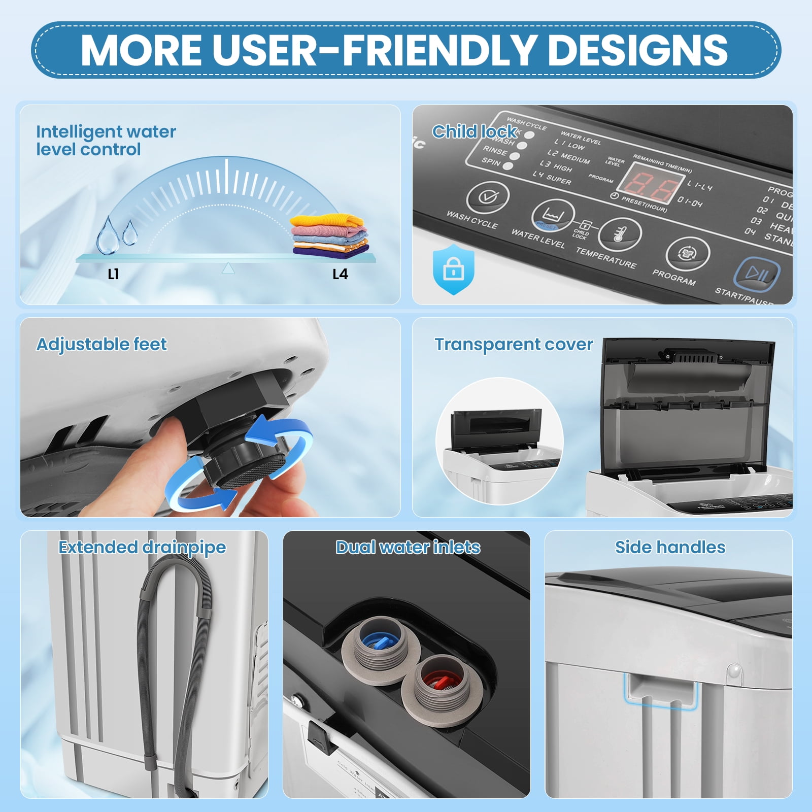 Adnoom Portable Washing Machine, 20lbs Portable Washer with 4 Wash Programs 4 Water Levels 3 Water Temperatures LED Display, Fully Automatic Washing Machine Drain Pump for Home, Dorm, Apart