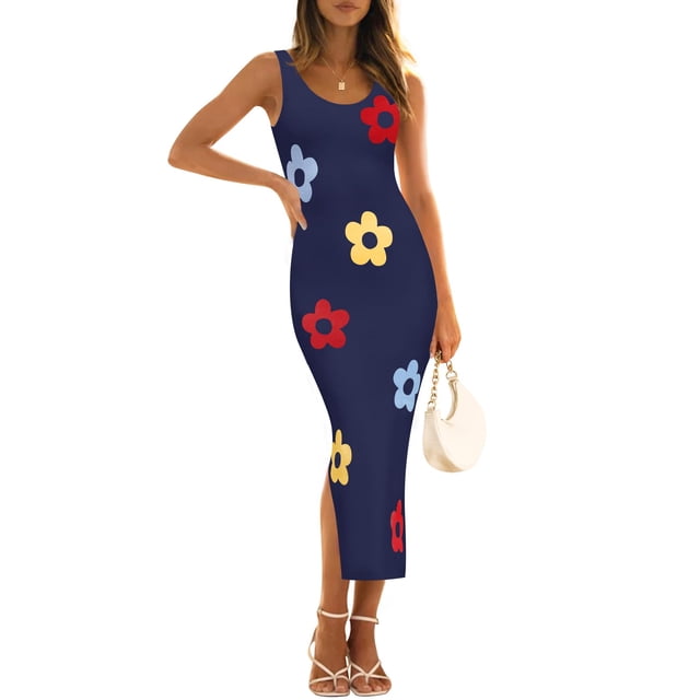 Vestido ajustado ZESICA de punto floral de verano para mujer, color azul marino, talla L