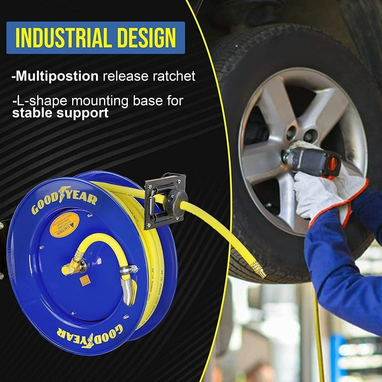 Goodyear Steel Retractable Air Compressor/Water Hose Reel with 3/8 in. x 25 ft. Rubber Hose, Max. 300PSI Goodyear Steel Retractable Air Compressor/Water Hose Reel with 3/8 in. x 25 ft. Rubber Hose, Max. 300PSI