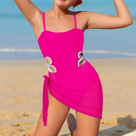 JingChang Teen Girls Swimsuits 3 Piece Tropical Bathing Suits Bikini Set with Solid Color Backless Wrap Dress Cover Up Red 11 Years
