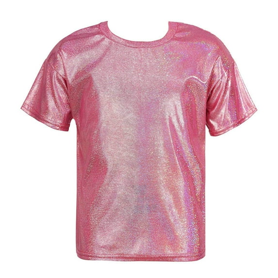 inhzoy Girls Boys Shiny Metallic Modern Dance Jazz Top Short Sleeve Shirt Dancewear,Sizes 3-16 Rose Red 6-7