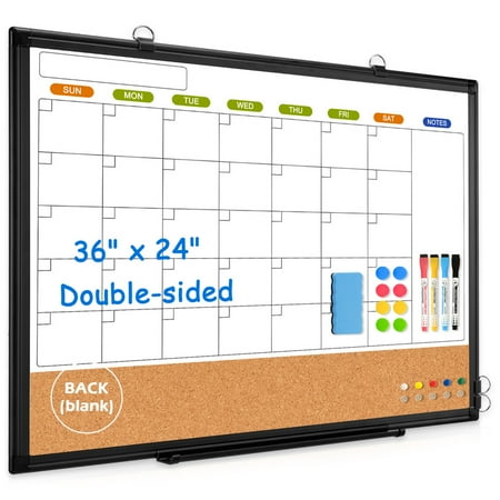 monthly dry erase calendar whiteboard calendar cork board combo magentic calendar bulletin board 36 x 24 double-sided large calendar board for wall with 4 markers 4 magnets 10 pins black frame