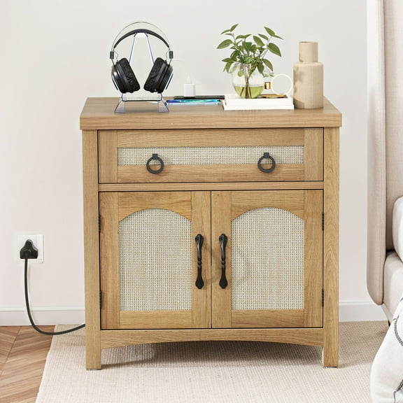 Craftian End Table with Doors & Power Outlets, Nightstand Bedside Table with Drawer, Oak