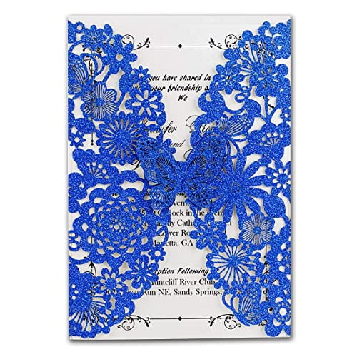 Jofanza 5X7.3 Inch 20PCS Laser Cut Wedding Invitation Cards with Butterfly and Envelope for Engagement Quinceañera Party Invitations Card (Royal Blue Glitter)