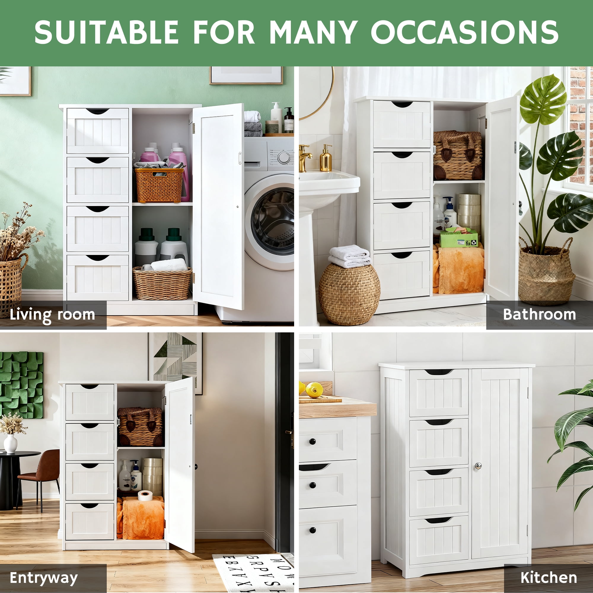 Dalattin Wooden Bathroom Cabinet, Floor Storage Cabinet with 4 Drawers 1 Cupboard & 2 Shelves