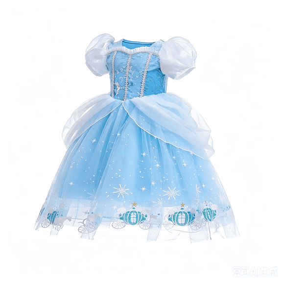 Girls Sky Blue Puff Sleeve Tulle Party Gown, Kids Fantasy Ball Dress for Birthday, Halloween Cosplay & Themed Events, Ages 3-8