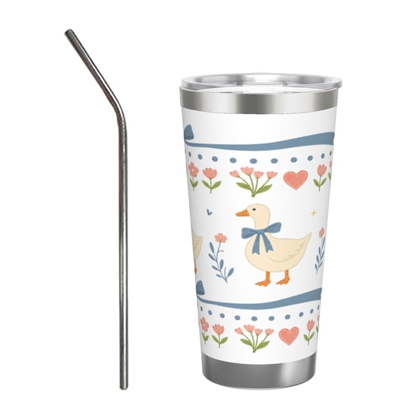 20oz Cute Duck Blue Bow Floral Heart Nursery Insulated Tumbler with Handle and Straw Travel Cup Car Cup with Stainless Steel Straw