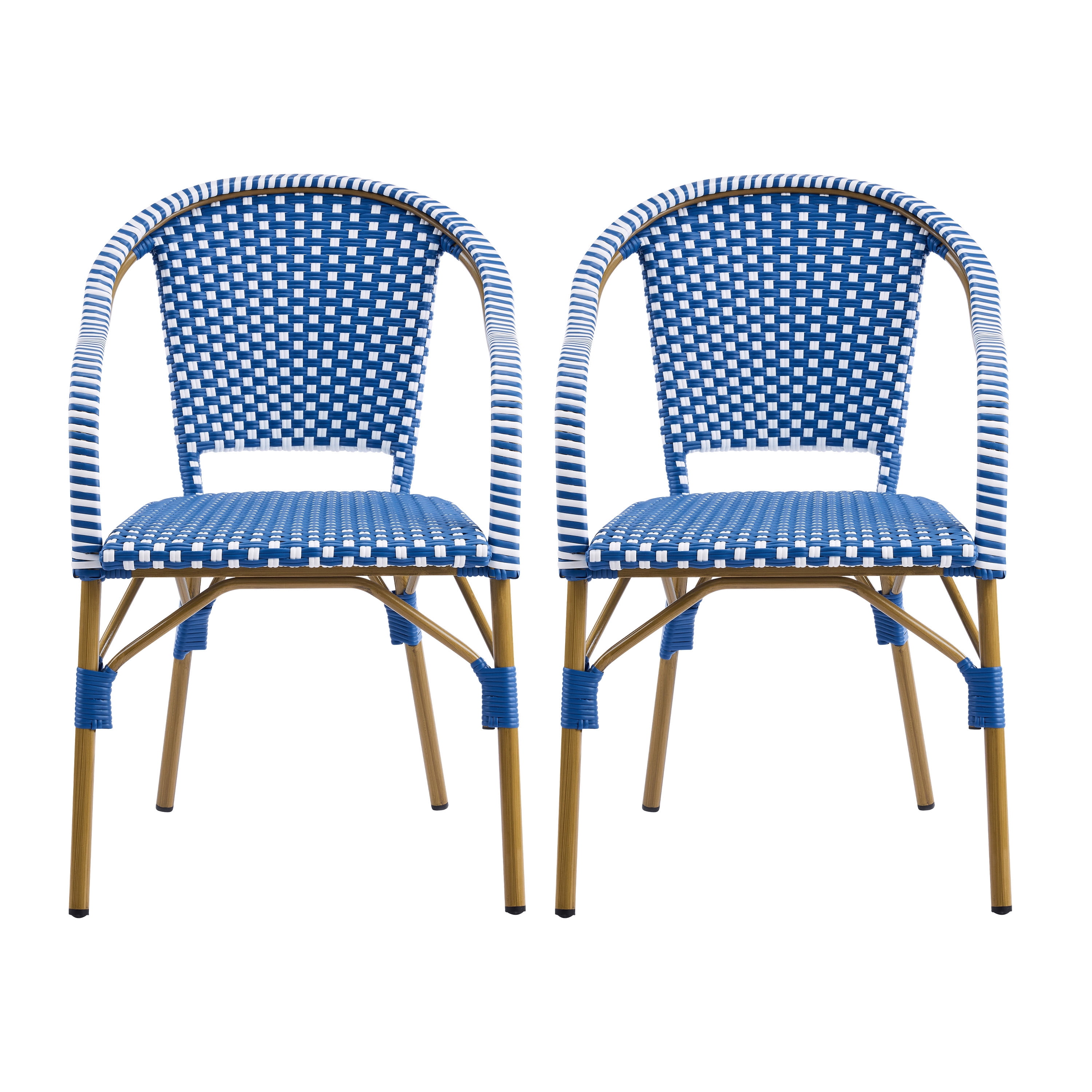 Bistro Chairs Set of 2, Outdoor Aluminum Frame Weather Resistant PP Rattan Chairs for Porch Garden, Natural and Blue and White