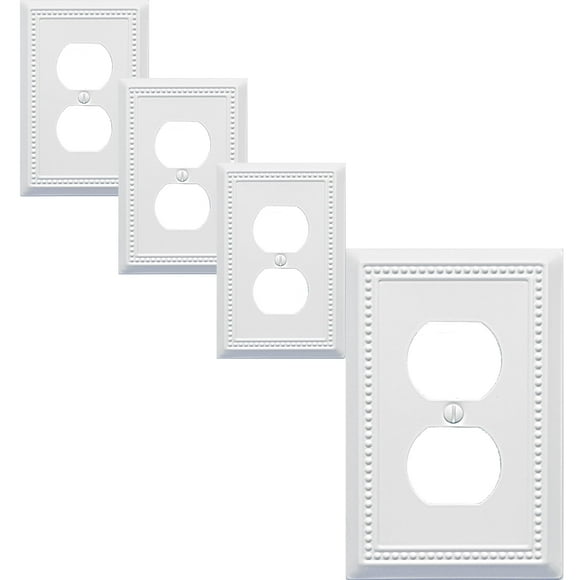 OKAWYC Single Duplex Outlet Cover Plate, 4-Pack White Belaire Beaded Metal Wall Plate 1 Gang, Light Switch Cover, for Receptacle Light Switch, Switch Cover Decorative Wallplate, Durable