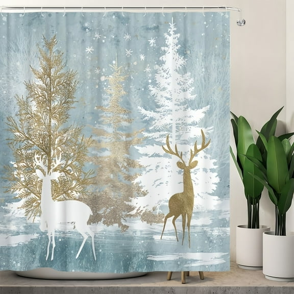 Jbralid Winter Christmas Wonderland Deer Pine Trees Polyester Shower Curtain for Bathroom 72"x72"