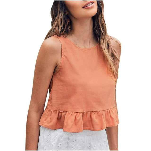 Besolor Camisoles d'Été pour Femmes à Col Ras du Cou Sans Manches, Courts, Mignons, Ourlet à Volants, Décontractés, Sortie, Chic, Blouse