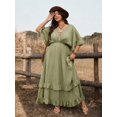 thumbnail image 5 of Olive Green Plus Size Casual Vacation Tie Front Ruffle Maxi Dress With V-Neck And Flared Sleeves, 5 of 7