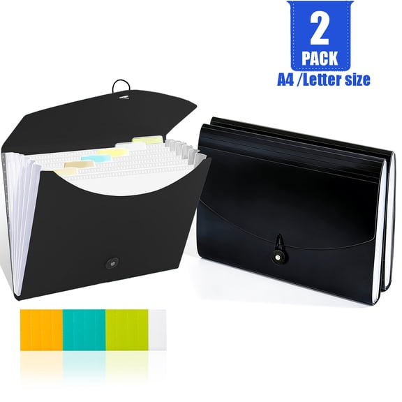 2 Pack Expanding File Folder, 7 Pockets Accordion File Organizer for A4/Letter Paper, Receipts, Bills, Labels Included, Black