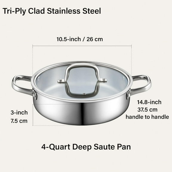 4 Quart Stainless Steel Sauté Pan with Glass Lid, Induction Compatible, Dishwasher and Oven Safe