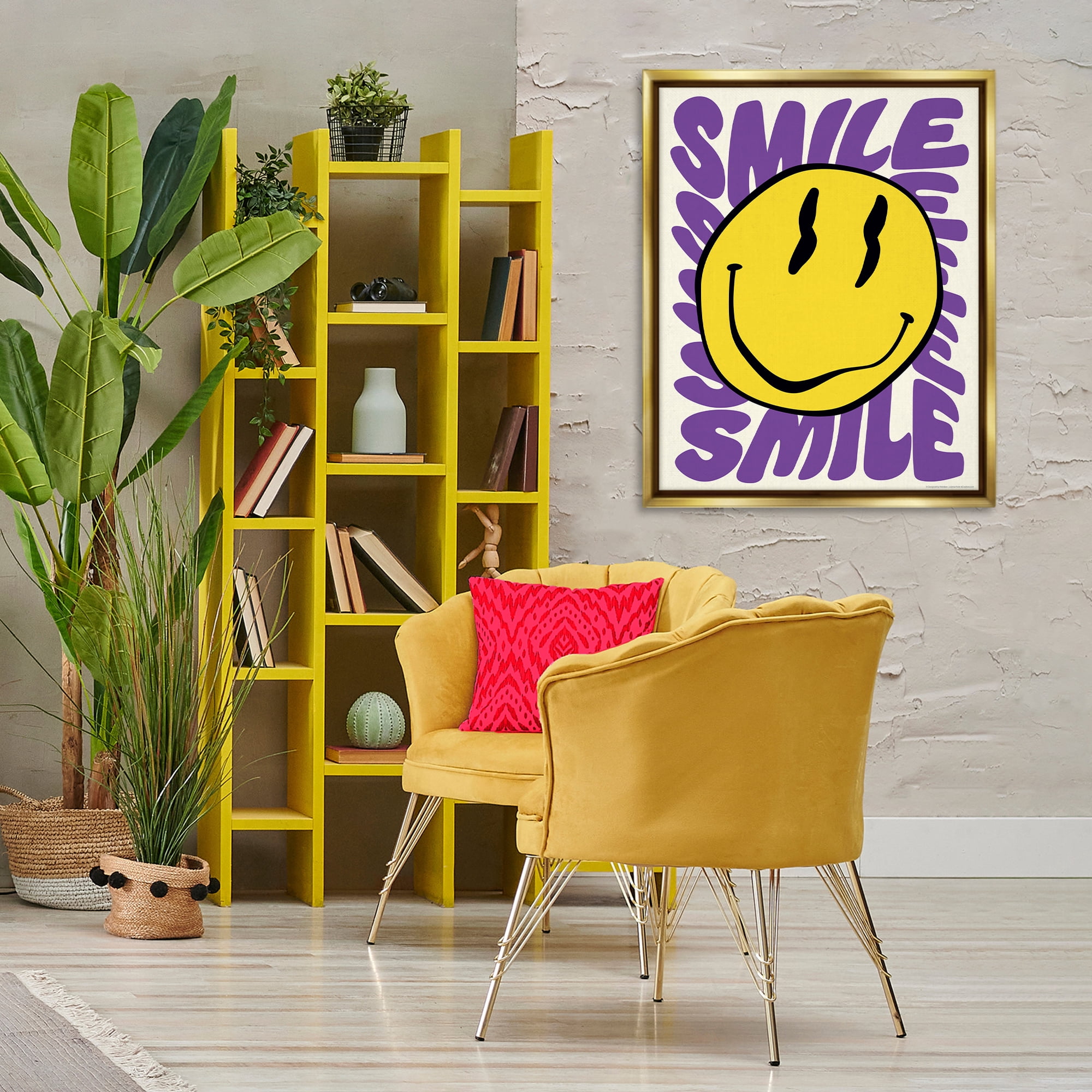 Stupell Industries Groovy Smile Typography Abstract Painting Gold Floater Framed Canvas Art Print Wall Art, 25 x 31