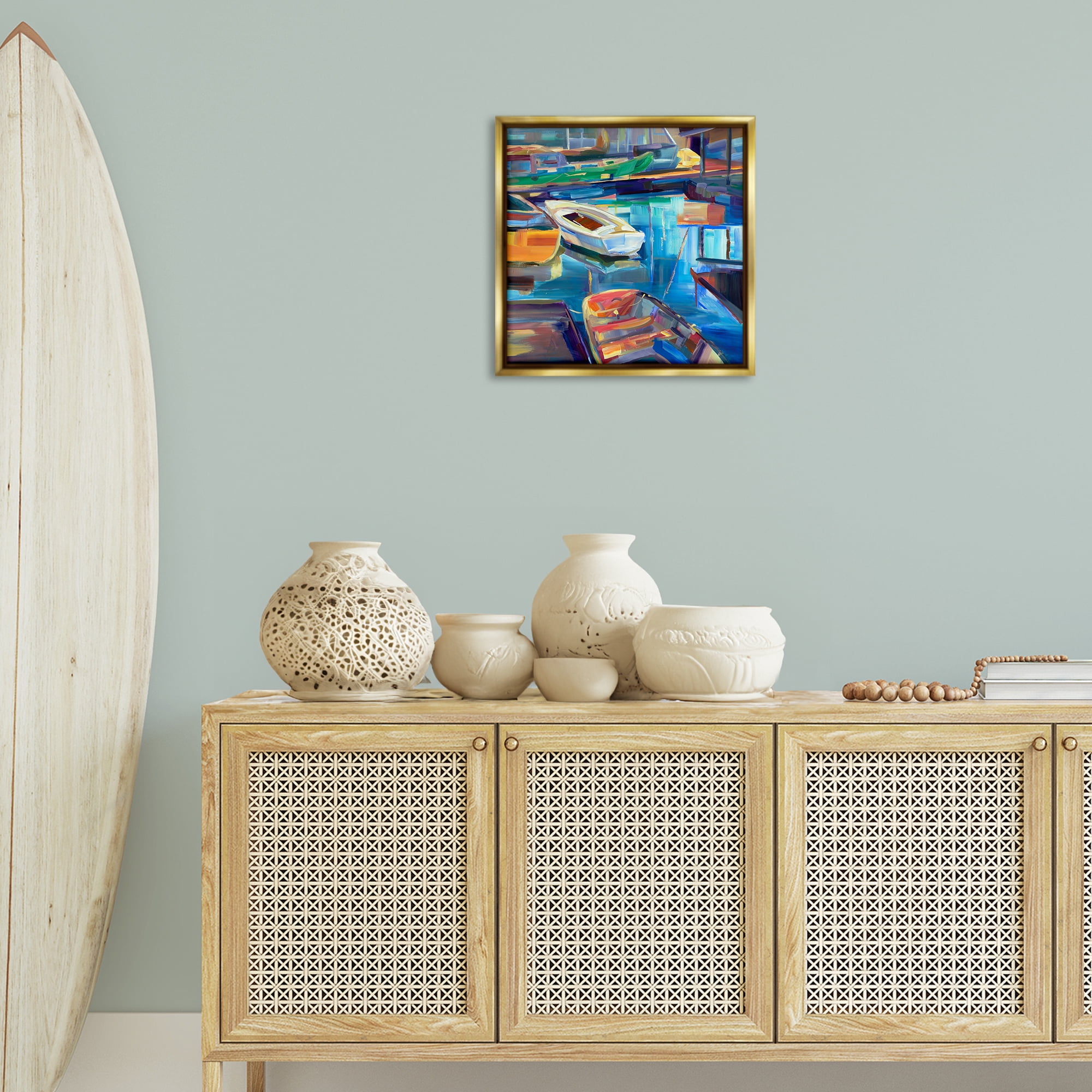 Stupell Industries Boat Marina Abstraction Transportation Painting Gold Floater Framed Canvas Art Print Wall Art, 18 x 18