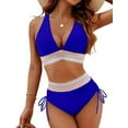thumbnail image 1 of Women Tummy Control Swimsuits Color Block Two Piece Drawstring Bathing Suit Royal Blue M, 1 of 7