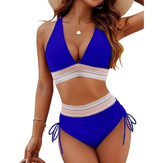 Women Tummy Control Swimsuits Color Block Two Piece Drawstring Bathing Suit Royal Blue M