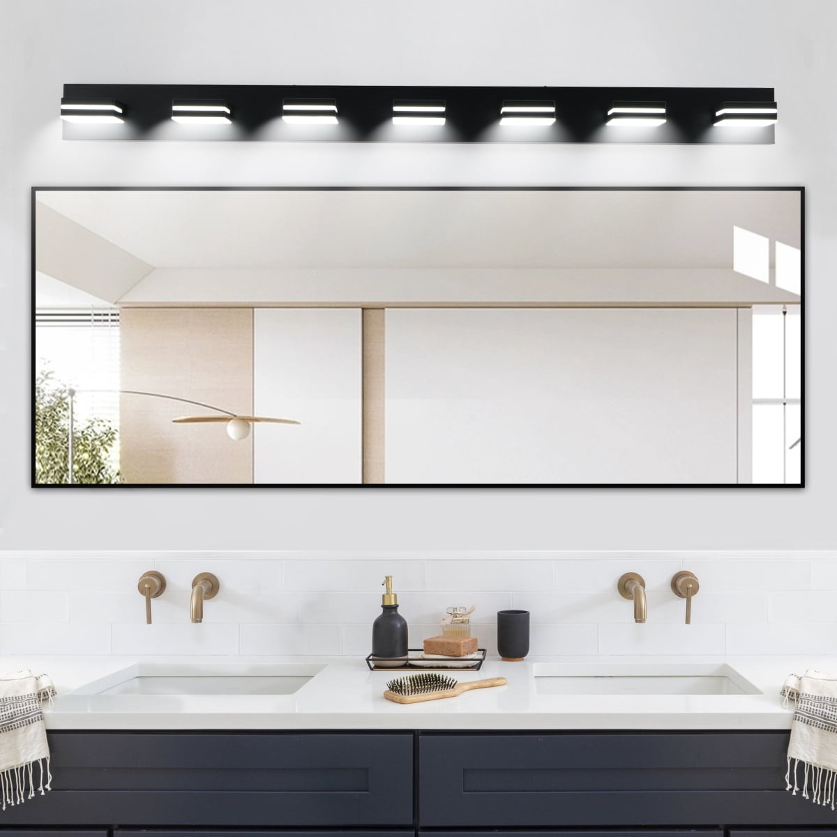 Modern Black LED Vanity Light, 7-Lights Wall Sconce for Bathroom and Mirror, Sleek Minimalist Design, Energy-Efficient, Easy to Install On-Site