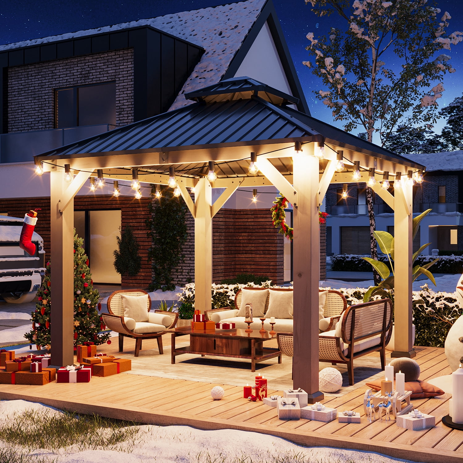 BaPiPro 10x10FT Double Roof Hardtop Wooden Gazebo Quick-Assembly Canopy for Patio Garden, Light Gray