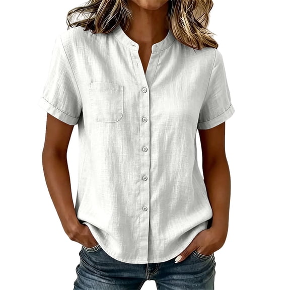 cocolona Womens Summer Linen Tops Dressy Casual Solid Color Blouses Short Sleeve Crew Neck Button Shirts with Pockets