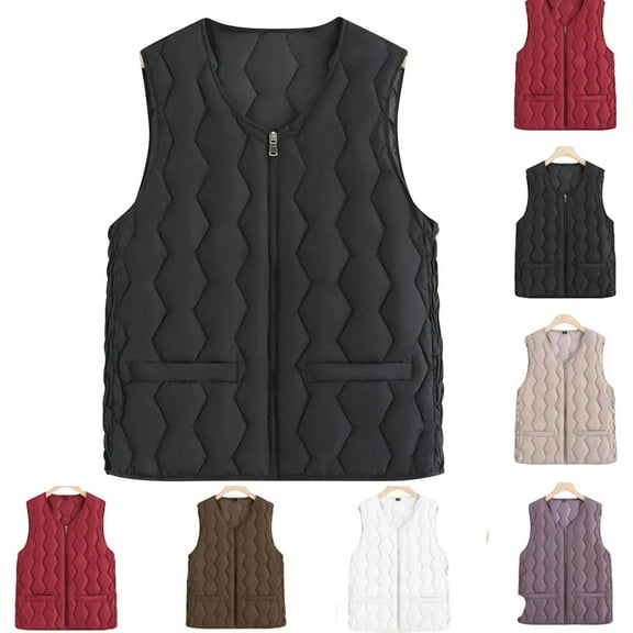 Gamivast Oversized Short Quilted Puffer Vest For Women Casual Travel V Neck Solid Color Zip Up Jackets With Pockets Winter Warm Elastic Waist Coat