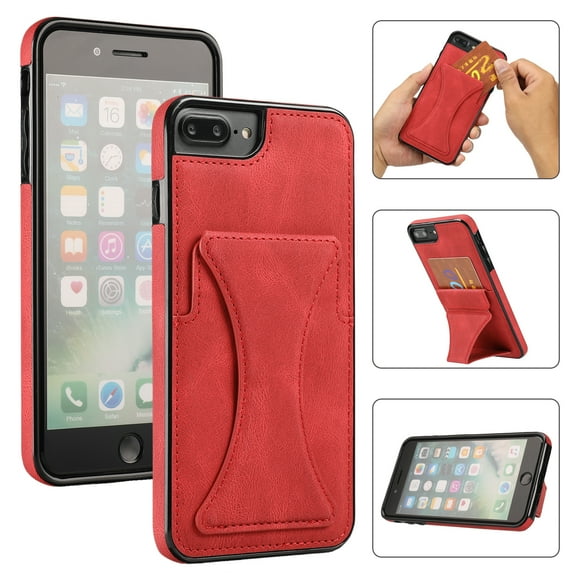 TOP SHE Case for Apple iPhone 8 Plus (5.5"), iPhone 7 Plus Case (5.5 Inch) - Synthetic Leather Protective Case with Card Slot / Kickstand, Slim Fit Lightweight Simple Fashion Cover (Red)