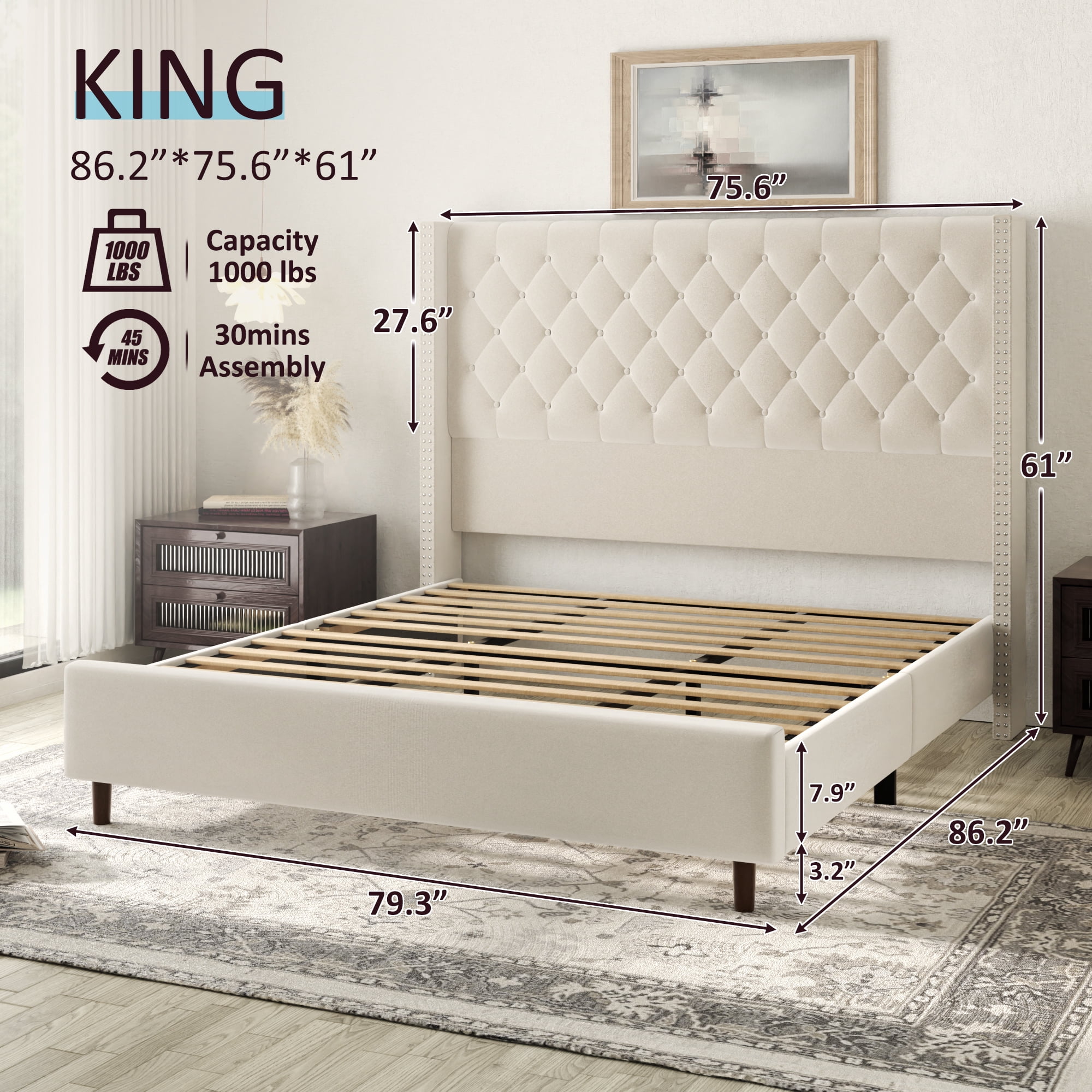 viplov King Size Bed Frame, 62" Tall Velvet Upholstered Bed, Wooden Slats, Modern Luxury Design, Easy Assembly, Beige