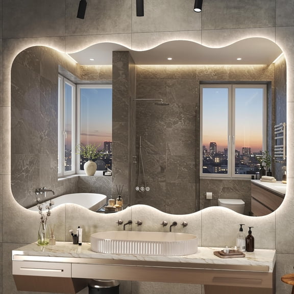 Hasipu 60" x 36" Anti-Fog LED Irregular Bathroom Mirror - Wall Mounted Wavy Shape Vanity Mirror with Dimmable Lights, 3 Color Modes & Memory Function, Touch Control