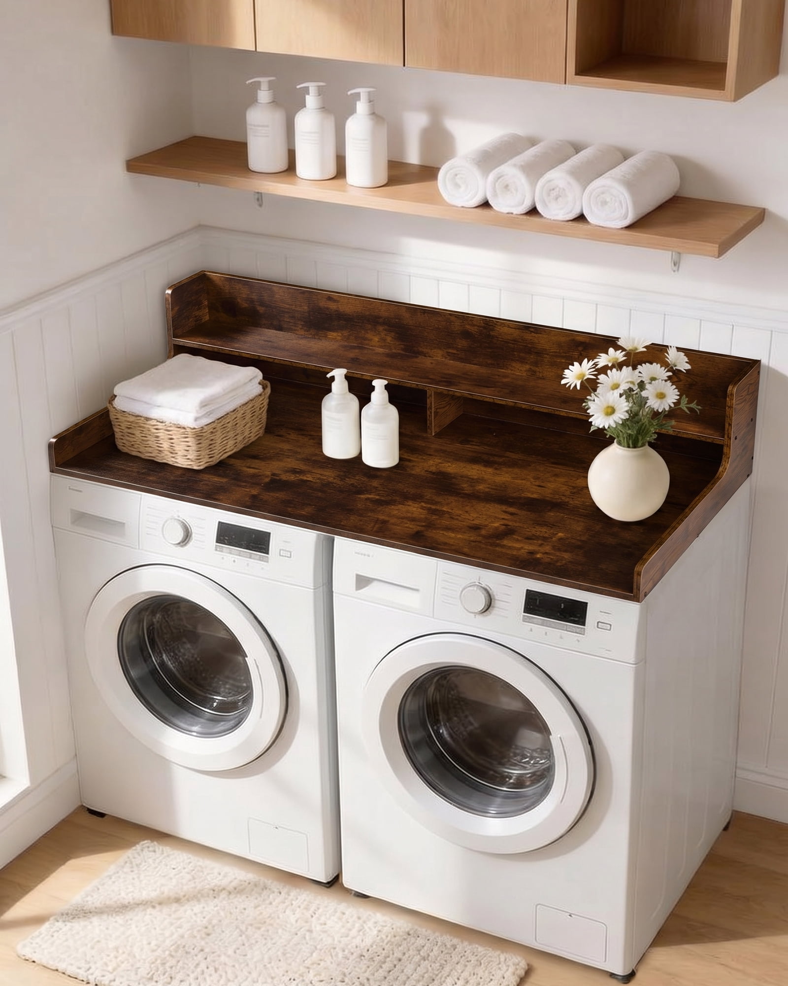 Garvee Laundry Shelf Over Washer and Dryer 54" x 27.5", Heavy Duty Wooden Countertop Topper with 12" Fences, Farmhouse Decor Organizer Table for Laundry Room - Walnut Finish