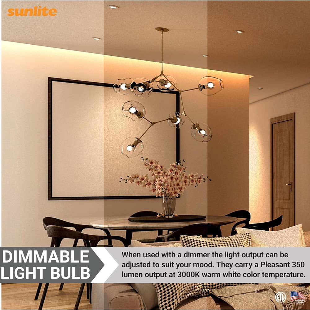 Sunlite G16.5 Light Bulb, LED, 5W (40W Equiv.), 350 Lumens, Dimmable, E12 Base, 3000K, Frosted, 6 Ct, ETL