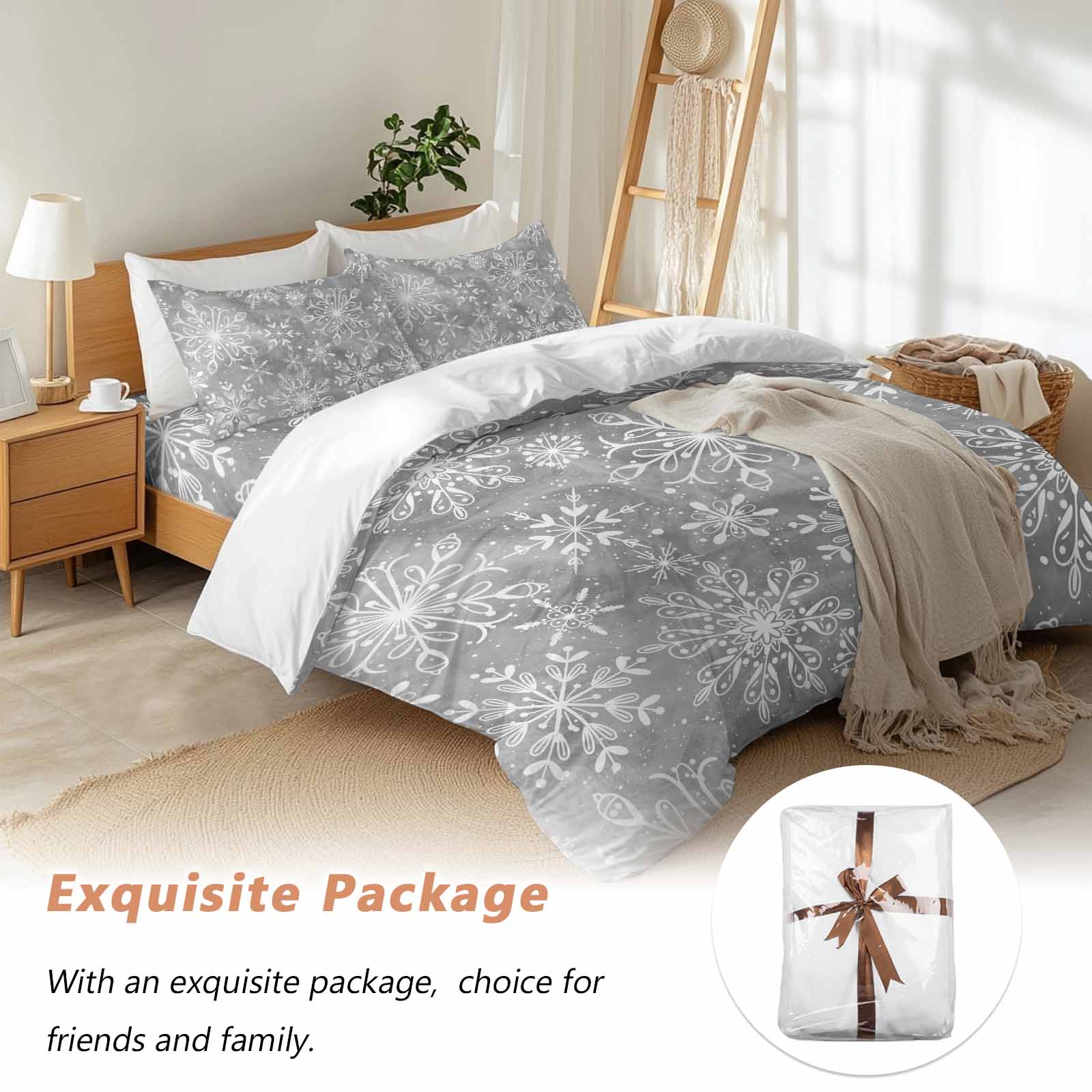 Winter Christmas Bedding Duvet Cover Set Twin Size 4 Pieces Watercolor White Snowflake Bedding Set with Zipper Closure, 1 Comforter Cover 68x86 Inches 1 Flat Sheet & 2 Pillow Cases