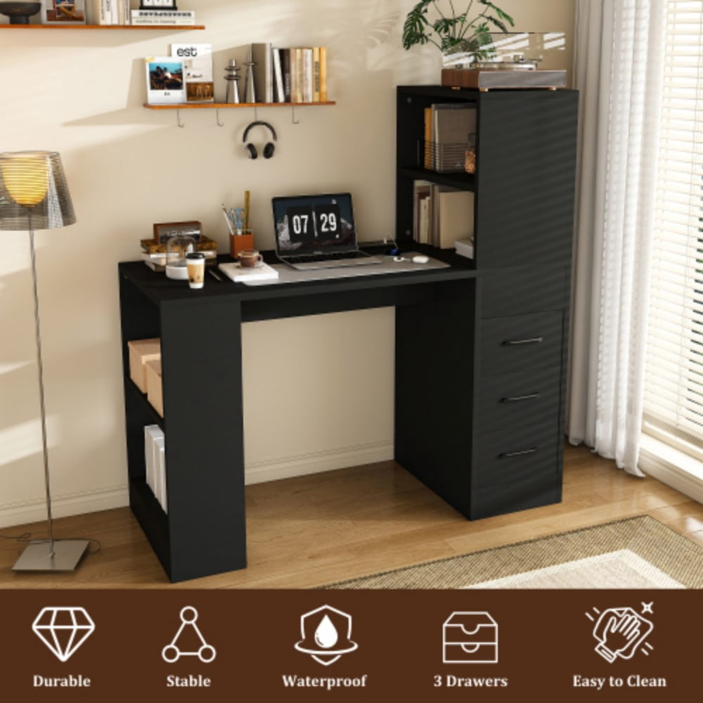 Computer Desk with 4-in-1 Charging Station, 3 Drawers & 4-Tier Storage, Modern Wooden Writing Desk for Home Office, Study & Gaming, Black