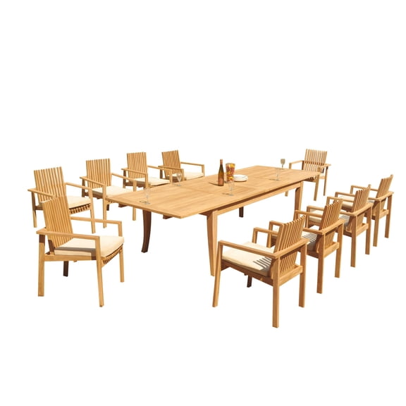 Grade-A Teak Dining Set: 10 Seater 11 Pc: 122" Atnas Rectangle Table And 10 Clipper Stacking Arm Chairs Outdoor Patio WholesaleTeak #51CP2811