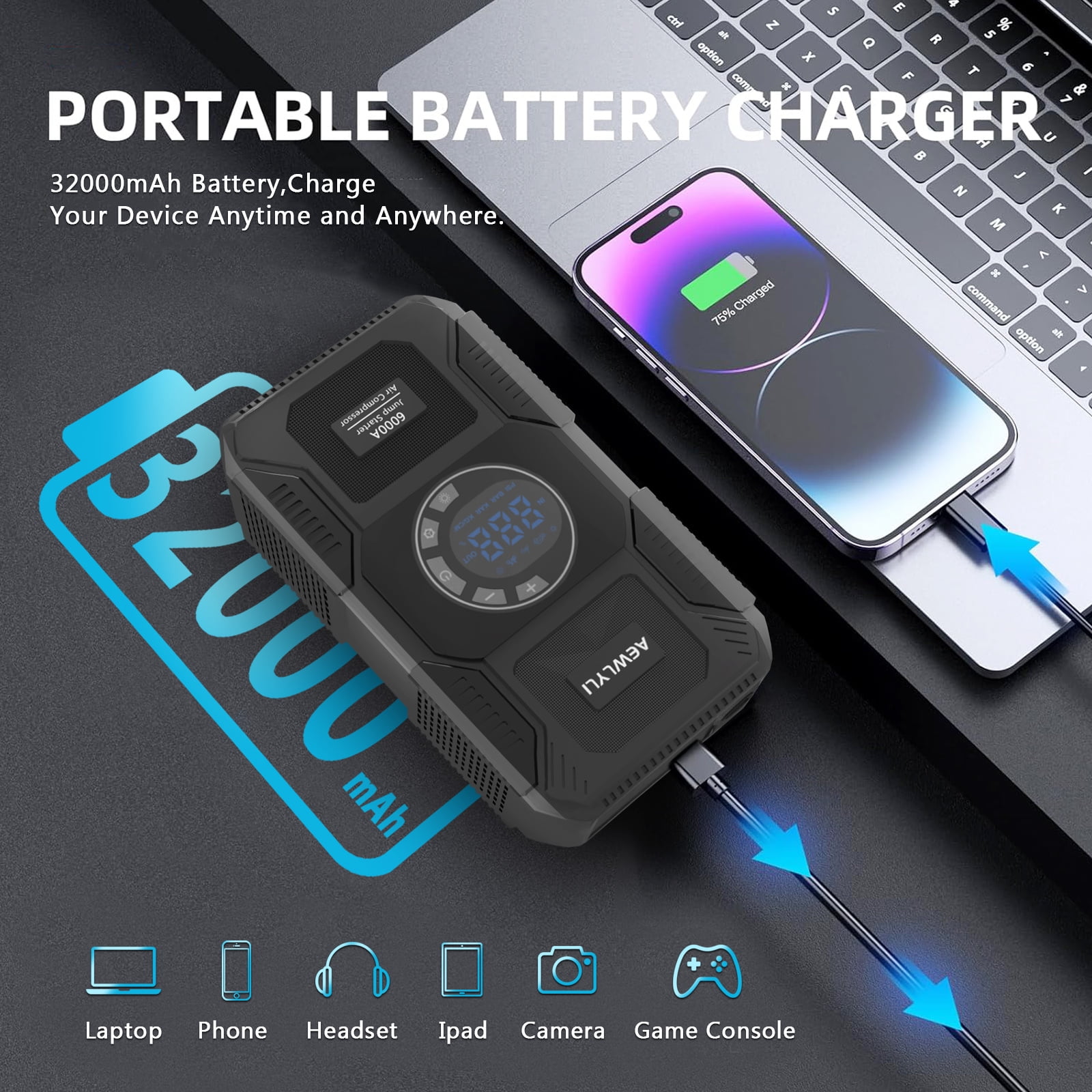 AEWLYLI Portable Car Battery Jump Starter with Air Compressor, 6000A 12V Jump Box, 150PSI Tire Inflator, LCD Display, LED Light, for Up to 9.0L Gas & 8.0L Diesel Vehicles