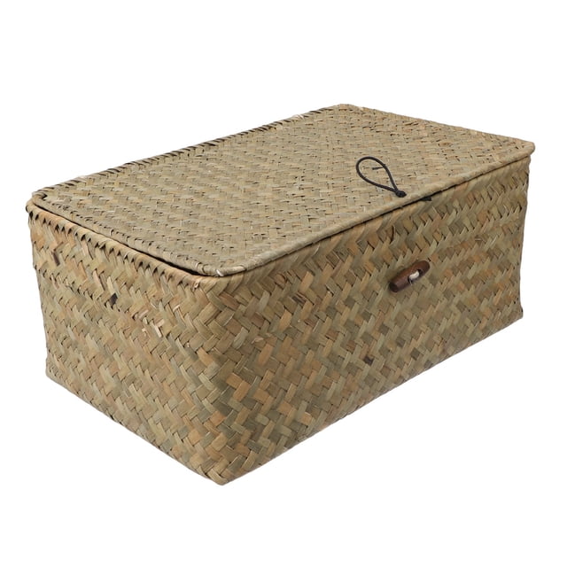 Cesta de paja Masteelf con tapa, cesta tejida de ratán, caja de almacenamiento para ropa de escritorio, artículos diversos, para dormitorio, decoración del hogar (L)