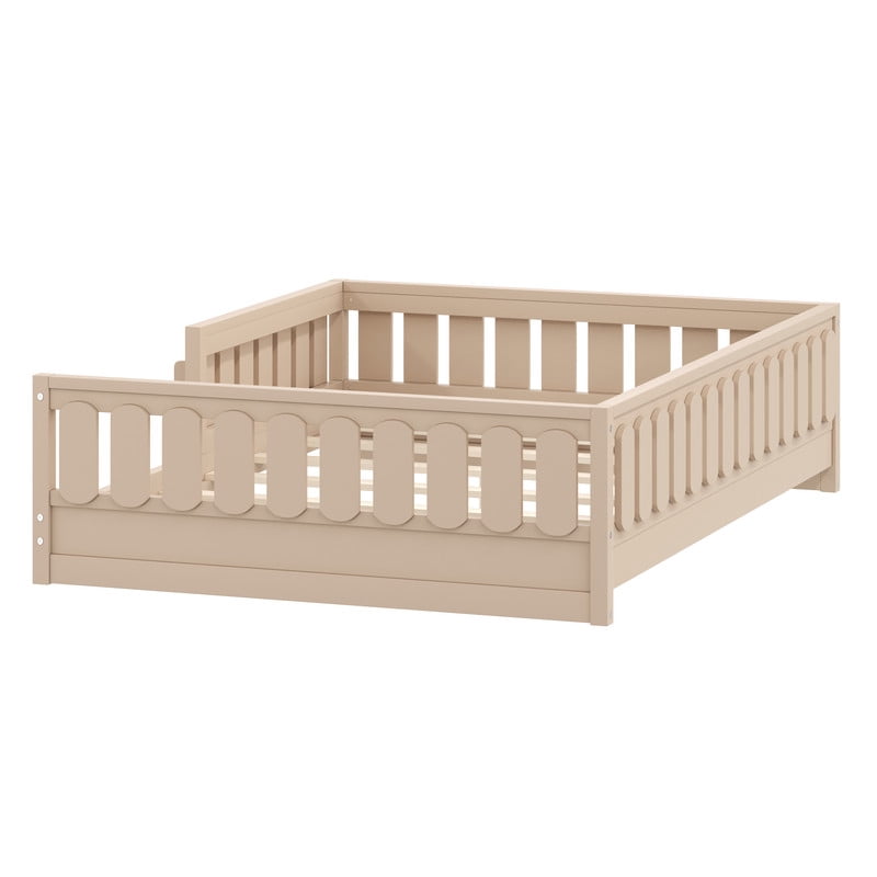 Mirightone Wood Full Size Floor Bed with Rails and Slats, Montessori Bed with Storage Shelves, Low Floor Bed Frame Full Size - Natural